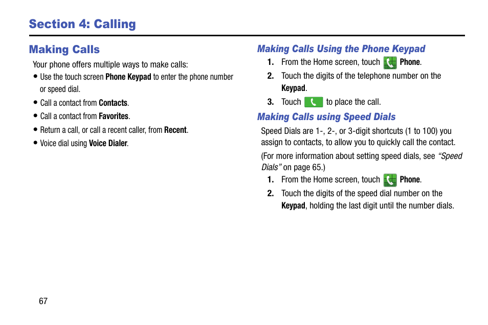 Section 4: calling, Making calls | Samsung SCH-R970ZWAUSC User Manual | Page 72 / 249
