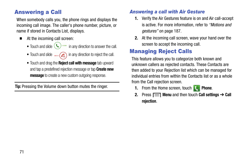 Answering a call, Managing reject calls, Answering a call managing reject calls | Samsung SCH-R970ZWAUSC User Manual | Page 76 / 249