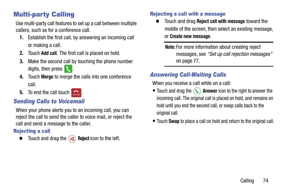 Multi-party calling | Samsung SCH-R970ZWAUSC User Manual | Page 79 / 249