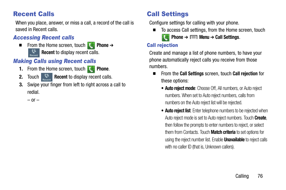 Recent calls, Call settings, Recent calls call settings | Samsung SCH-R970ZWAUSC User Manual | Page 81 / 249