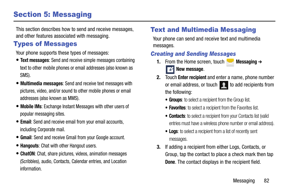 Section 5: messaging, Types of messages, Text and multimedia messaging | Types of messages text and multimedia messaging | Samsung SCH-R970ZWAUSC User Manual | Page 87 / 249