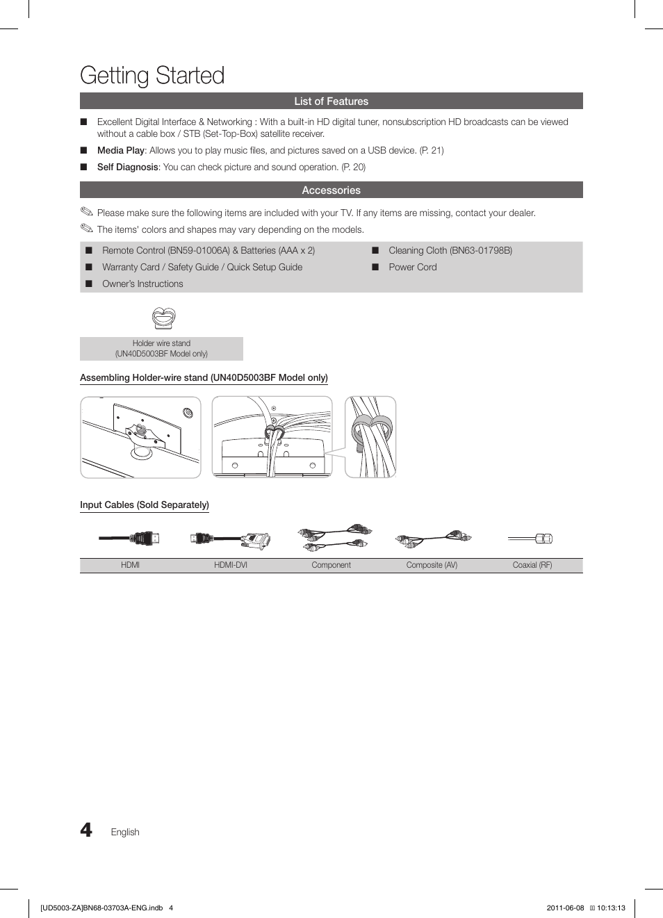 Getting started | Samsung UN32D4003BDXZA User Manual | Page 4 / 35