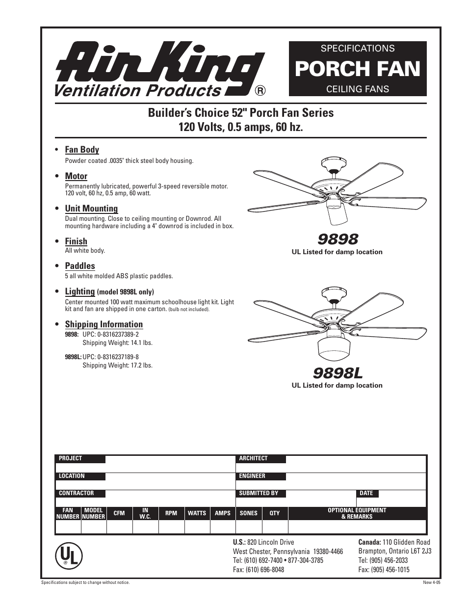 Air King 9898 User Manual | 1 page