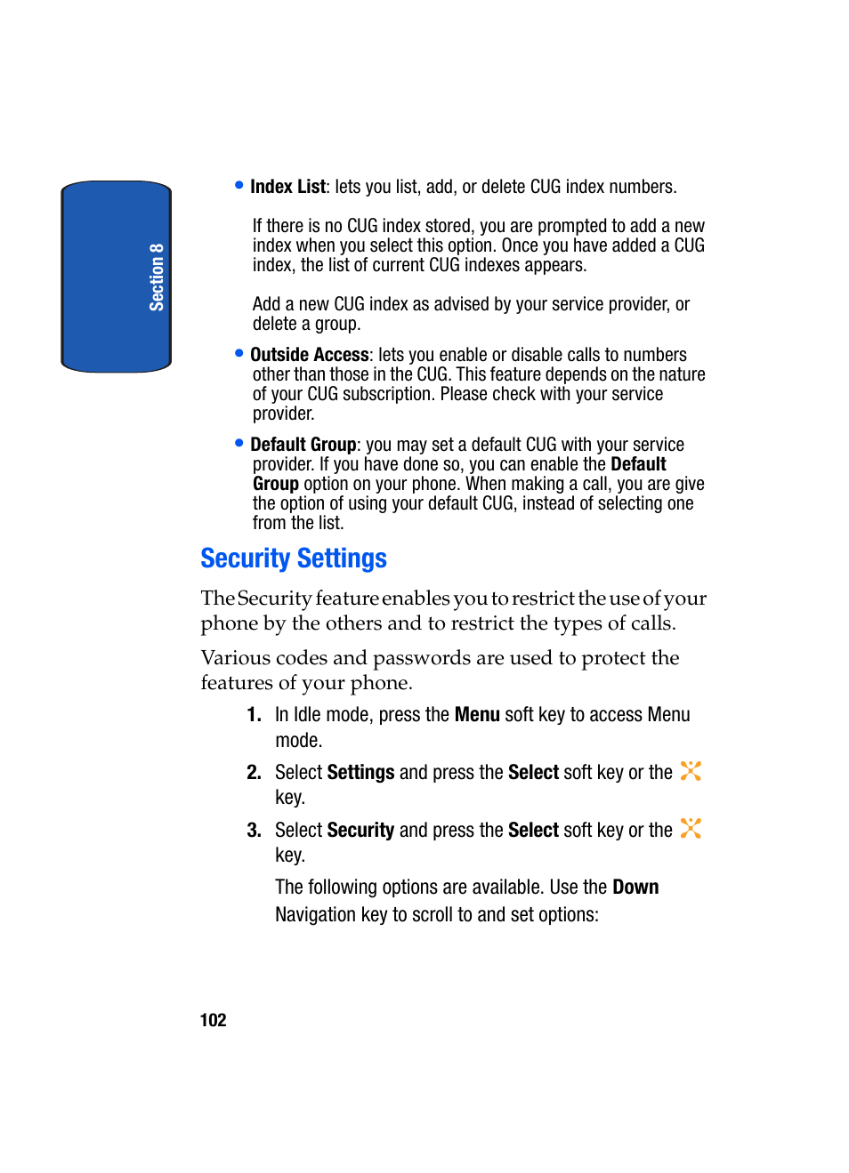 Security settings | Samsung SGH-X507HBACIN User Manual | Page 106 / 178