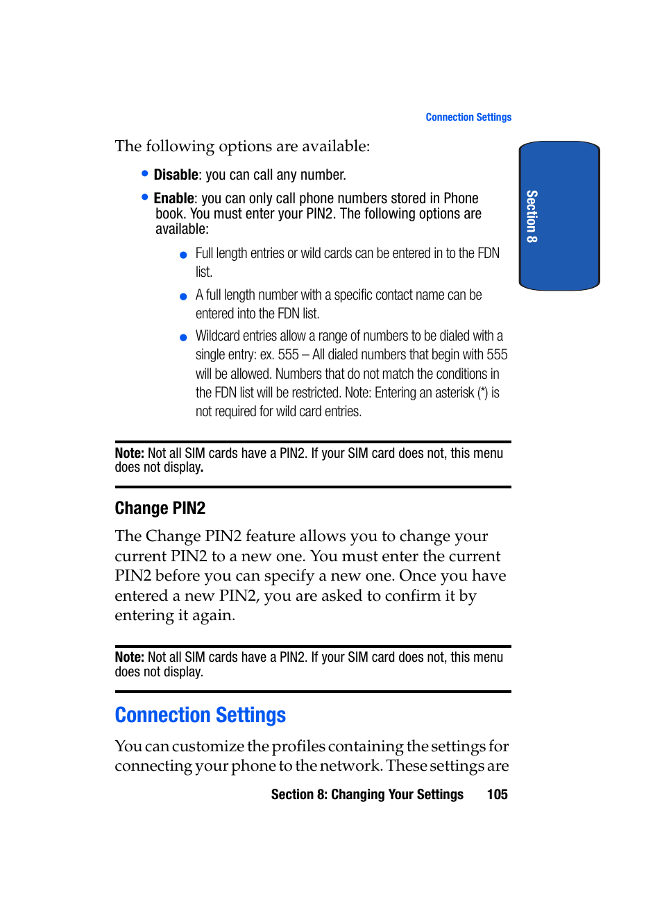 Connection settings, Change pin2 | Samsung SGH-X507HBACIN User Manual | Page 109 / 178