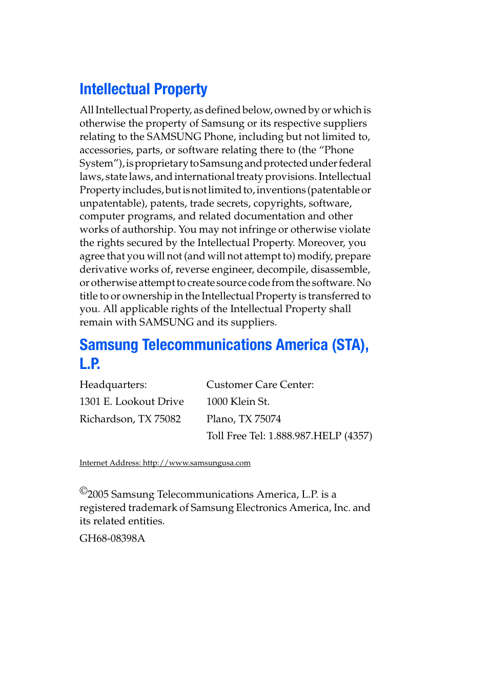 Intellectual property, Samsung telecommunications america (sta), l.p | Samsung SGH-X507HBACIN User Manual | Page 2 / 178