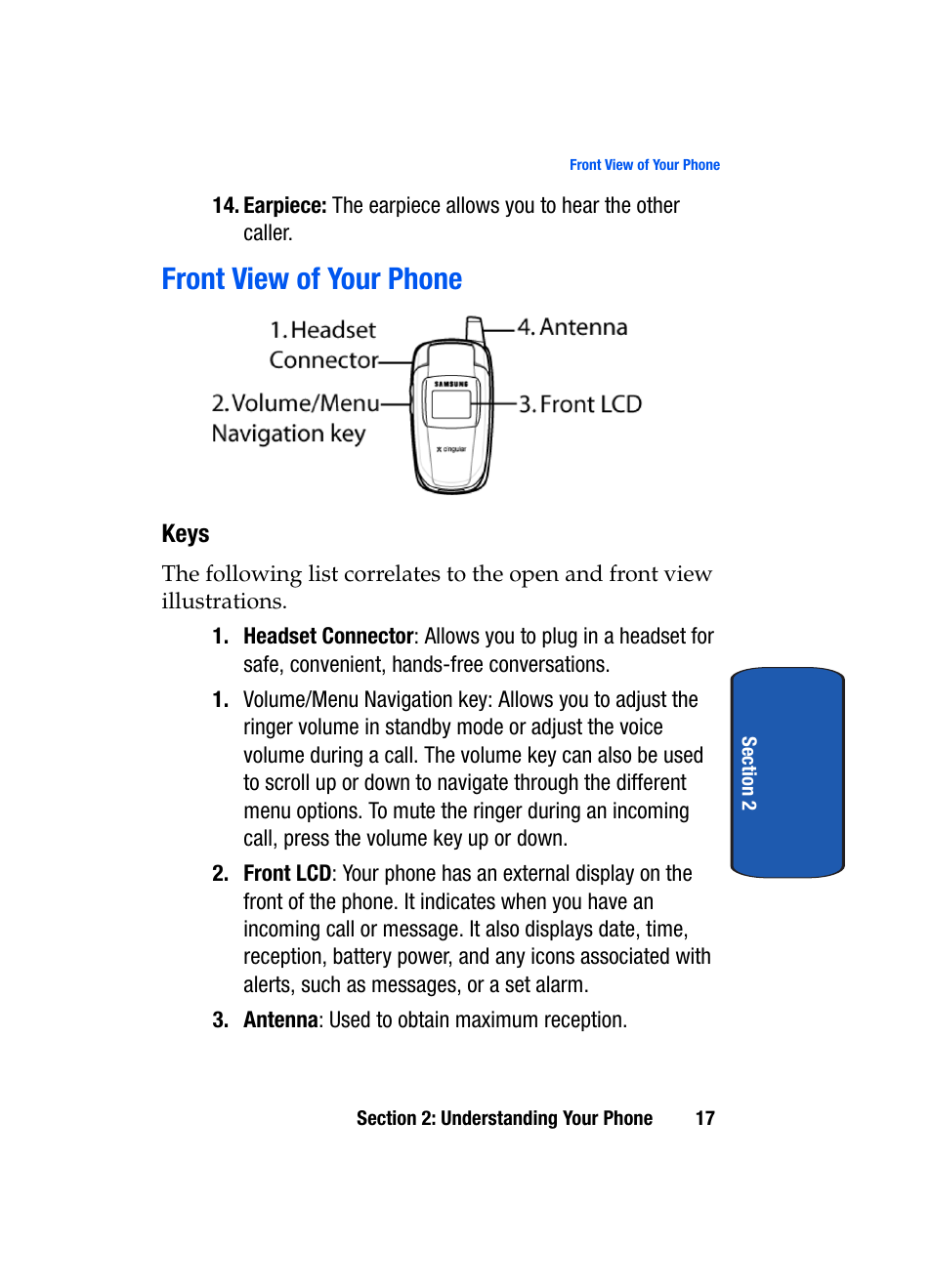 Front view of your phone | Samsung SGH-X507HBACIN User Manual | Page 21 / 178