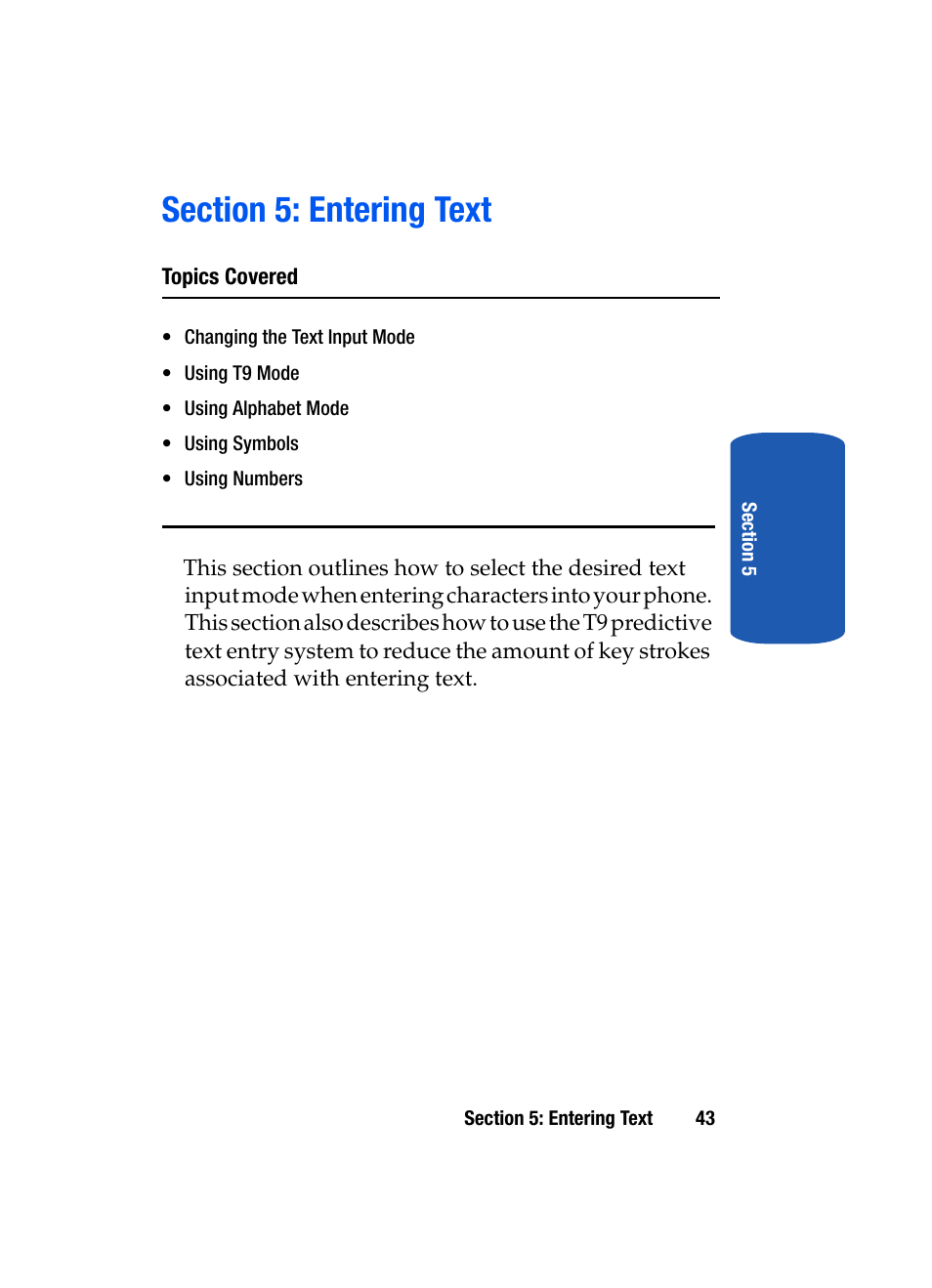 Section 5: entering text | Samsung SGH-X507HBACIN User Manual | Page 47 / 178