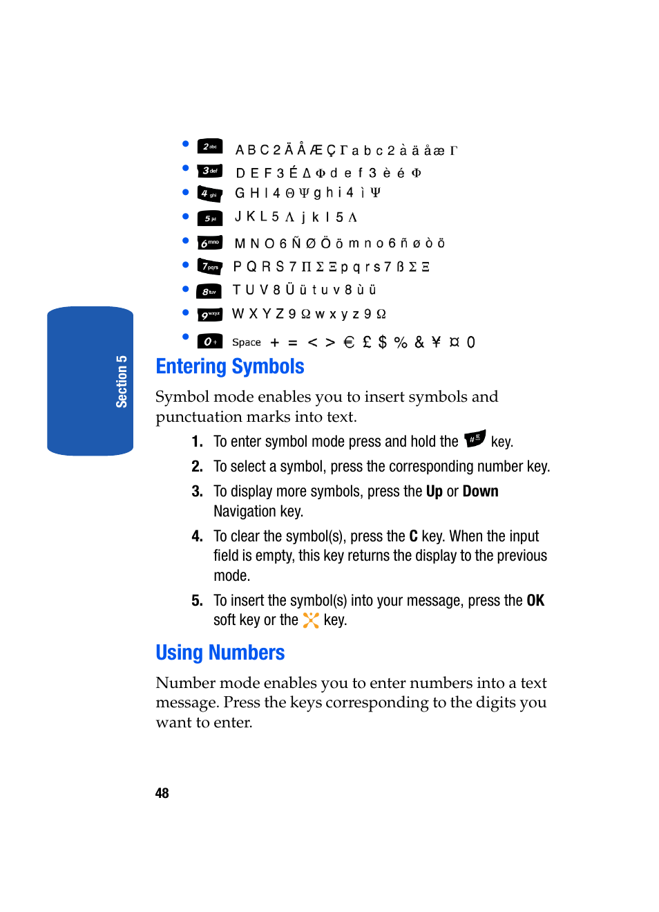 Entering symbols using numbers, Entering symbols, Using numbers | Samsung SGH-X507HBACIN User Manual | Page 52 / 178