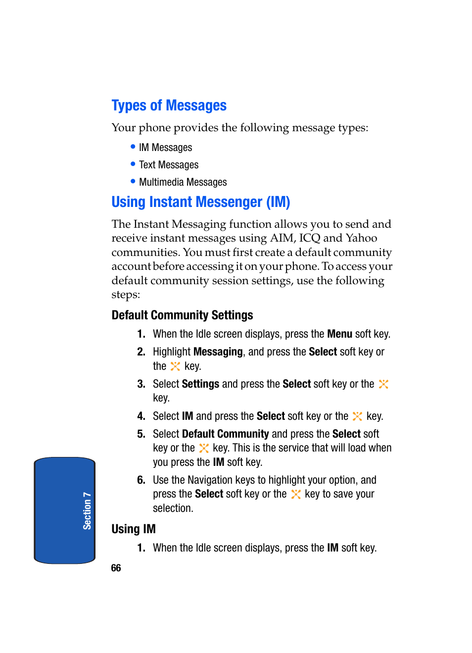 Types of messages using instant messenger (im), Types of messages, Using instant messenger (im) | Samsung SGH-X507HBACIN User Manual | Page 70 / 178