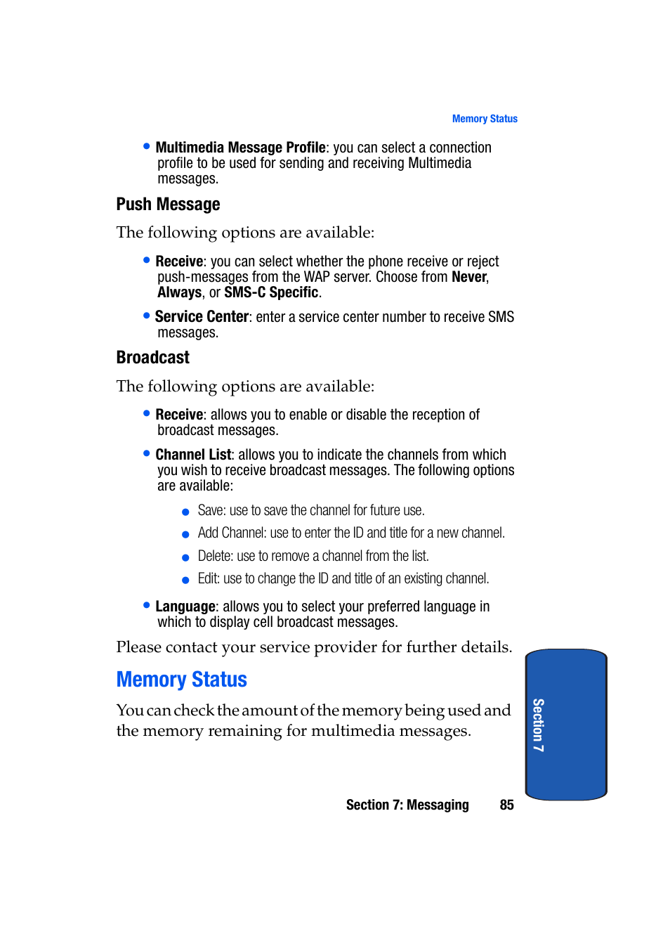 Memory status, Push message, Broadcast | Samsung SGH-X507HBACIN User Manual | Page 89 / 178