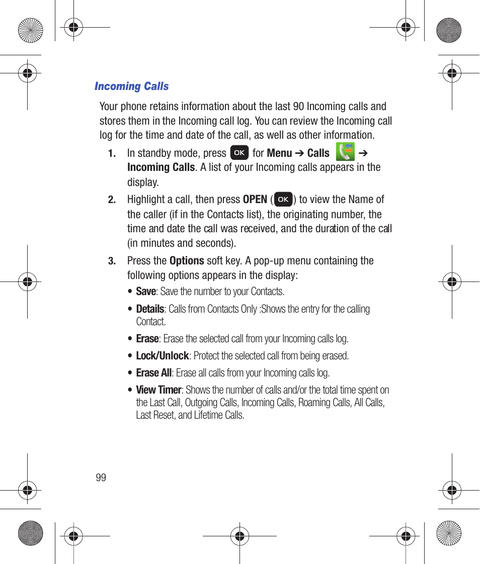 Incoming calls | Samsung SCH-R260DAAUSC User Manual | Page 104 / 271