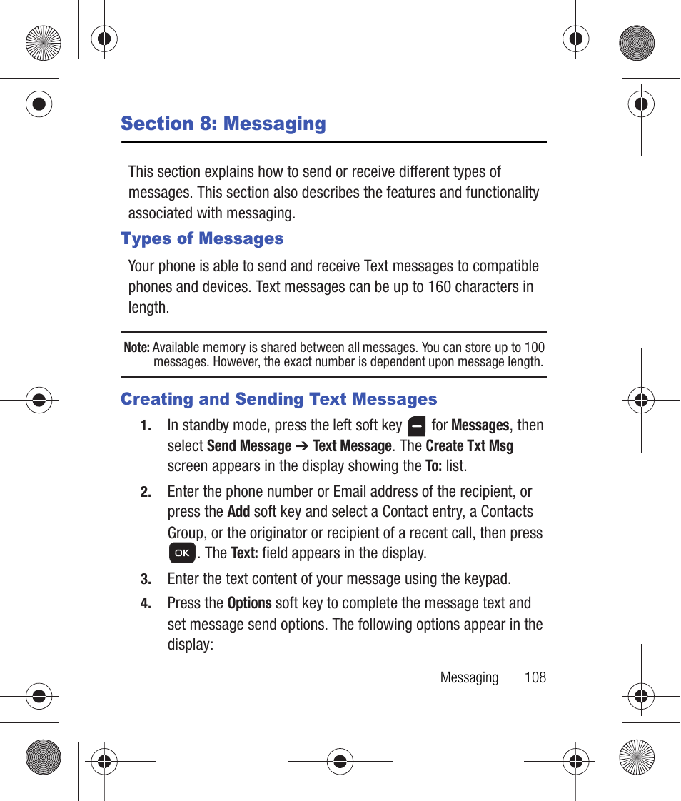 Section 8: messaging, Types of messages, Creating and sending text messages | Section 7: messaging, For more | Samsung SCH-R260DAAUSC User Manual | Page 113 / 271