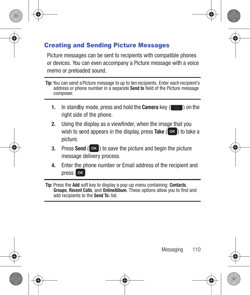 Creating and sending picture messages | Samsung SCH-R260DAAUSC User Manual | Page 115 / 271