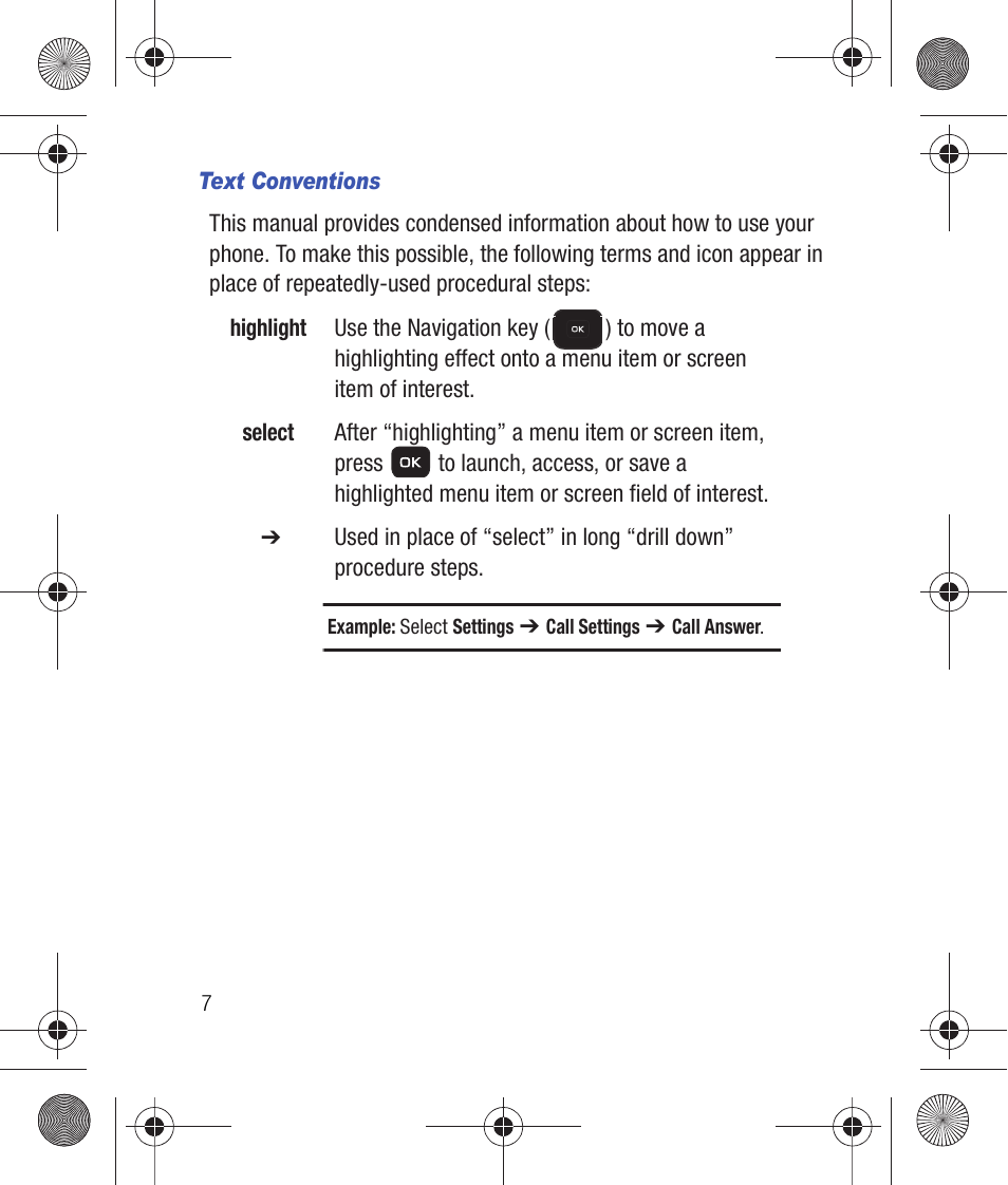 Text conventions | Samsung SCH-R260DAAUSC User Manual | Page 12 / 271