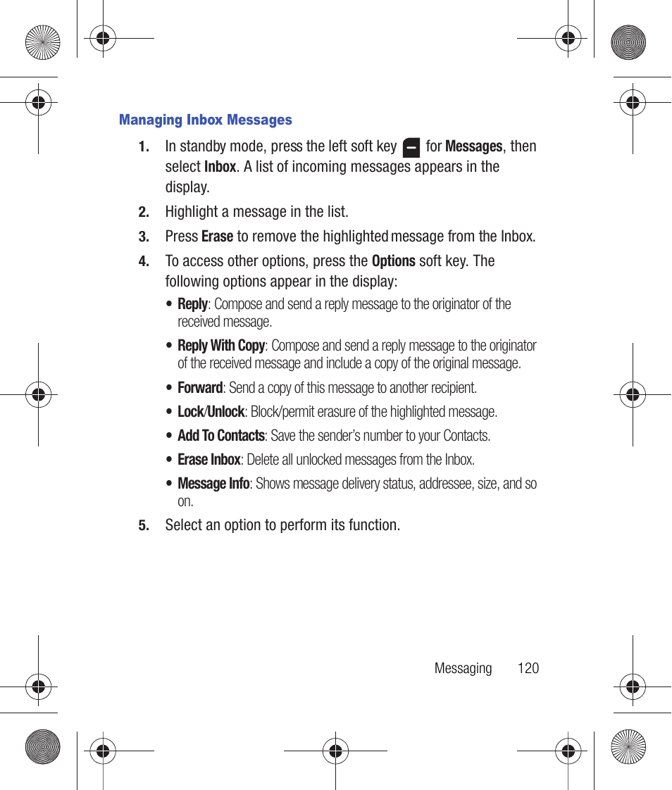 Managing inbox messages | Samsung SCH-R260DAAUSC User Manual | Page 125 / 271