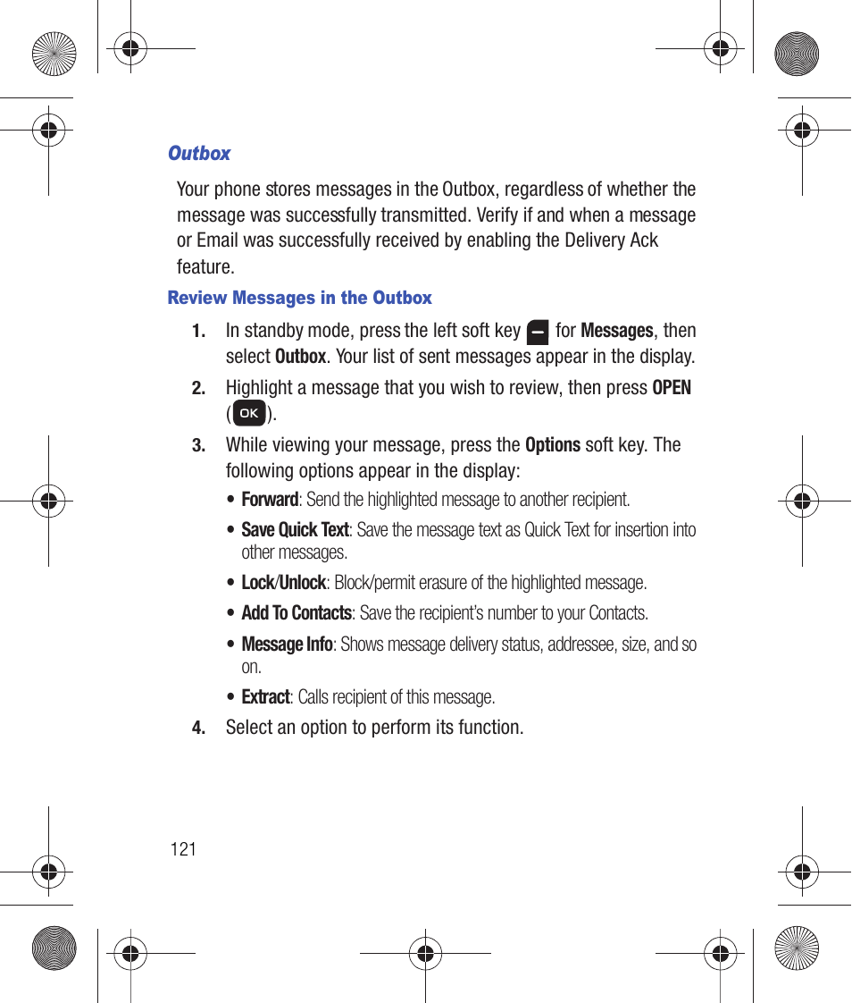 Outbox, Review messages in the outbox | Samsung SCH-R260DAAUSC User Manual | Page 126 / 271