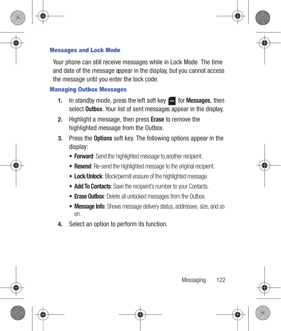 Messages and lock mode, Managing outbox messages | Samsung SCH-R260DAAUSC User Manual | Page 127 / 271