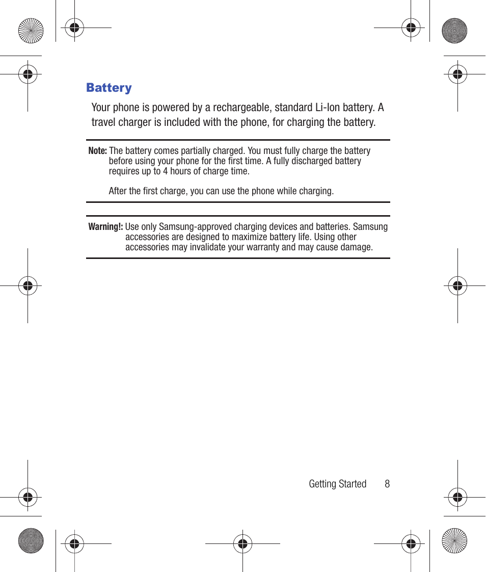 Battery | Samsung SCH-R260DAAUSC User Manual | Page 13 / 271
