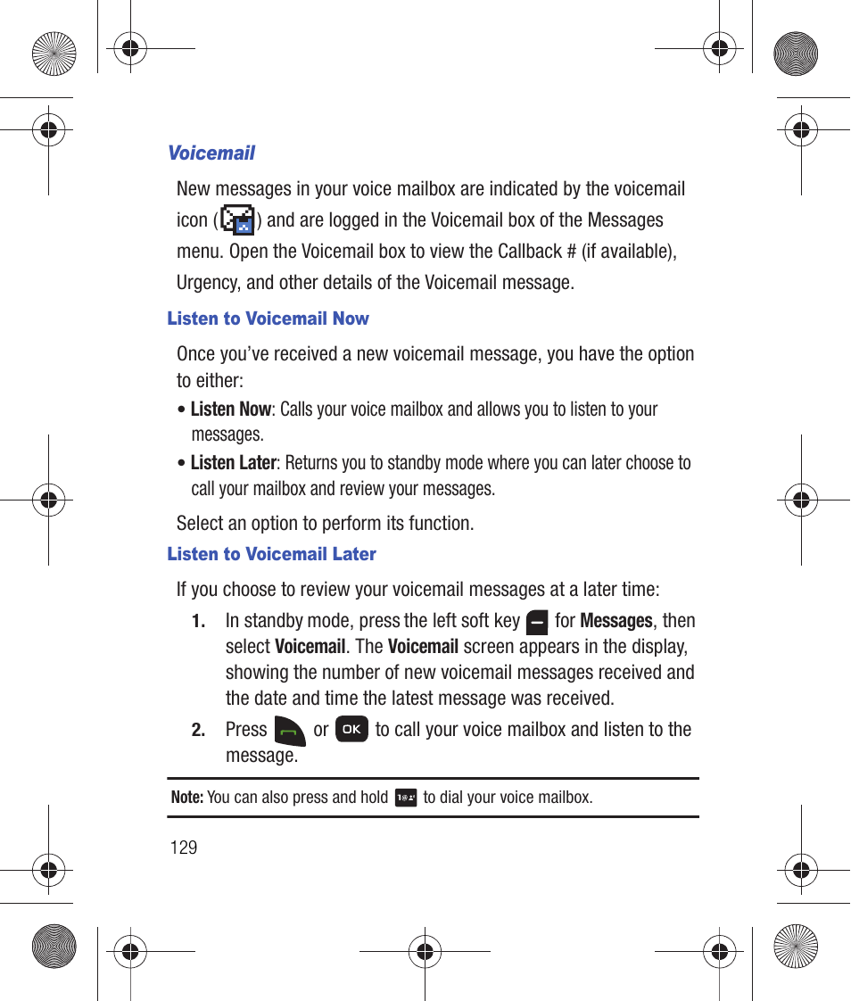 Voicemail, Listen to voicemail now, Listen to voicemail later | Samsung SCH-R260DAAUSC User Manual | Page 134 / 271