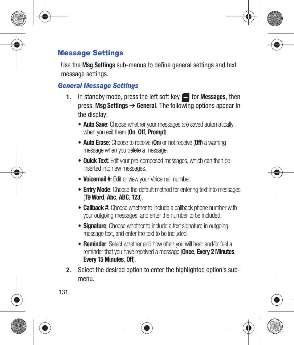 Message settings, General message settings | Samsung SCH-R260DAAUSC User Manual | Page 136 / 271