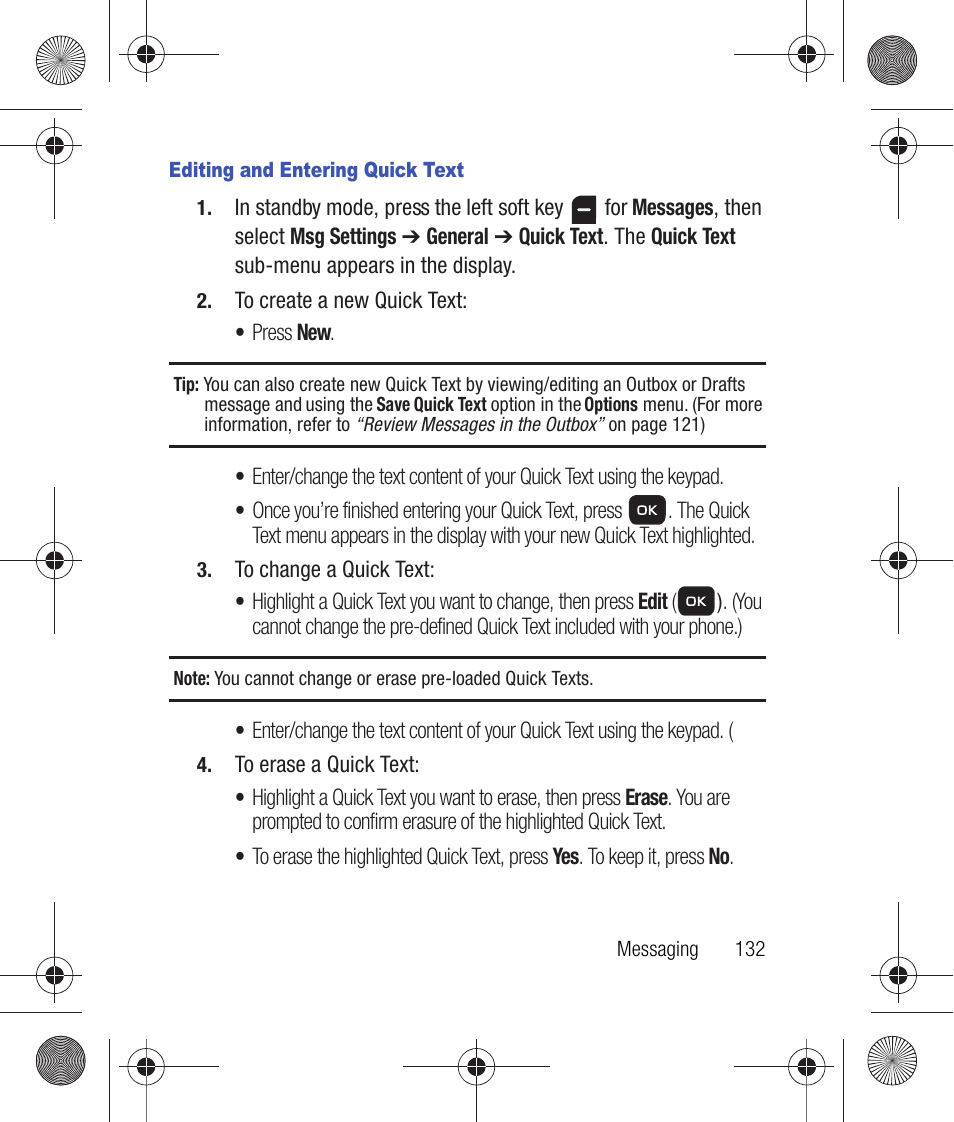 Editing and entering quick text | Samsung SCH-R260DAAUSC User Manual | Page 137 / 271