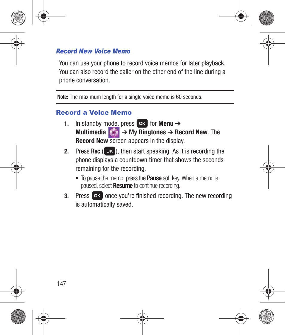 Record new voice memo, Record a voice memo | Samsung SCH-R260DAAUSC User Manual | Page 152 / 271