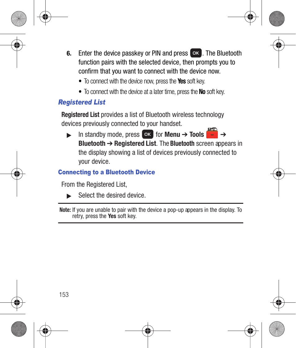 Registered list, Connecting to a bluetooth device | Samsung SCH-R260DAAUSC User Manual | Page 158 / 271