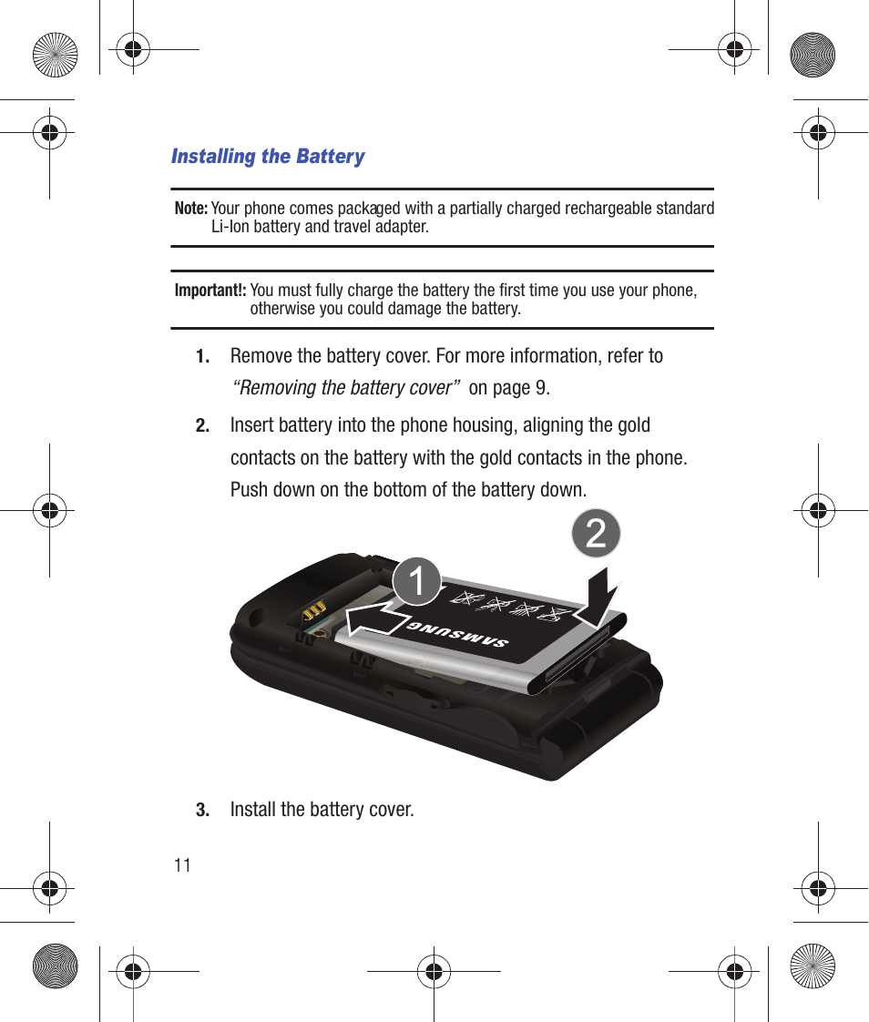 Installing the battery | Samsung SCH-R260DAAUSC User Manual | Page 16 / 271