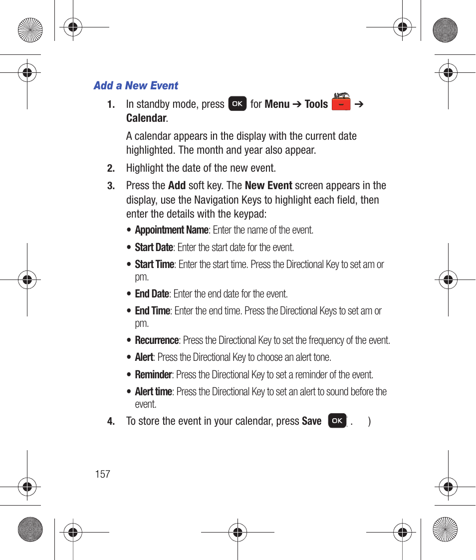 Add a new event | Samsung SCH-R260DAAUSC User Manual | Page 162 / 271