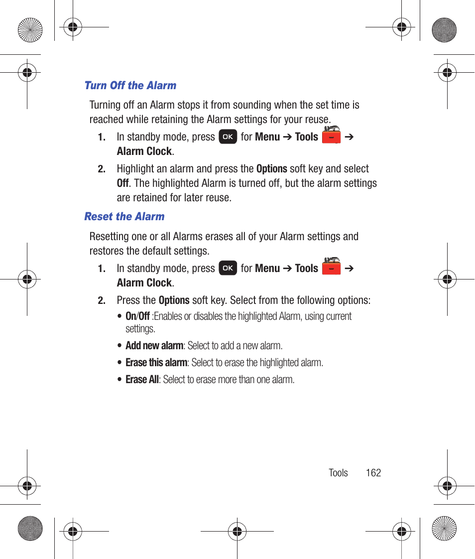 Turn off the alarm, Reset the alarm | Samsung SCH-R260DAAUSC User Manual | Page 167 / 271