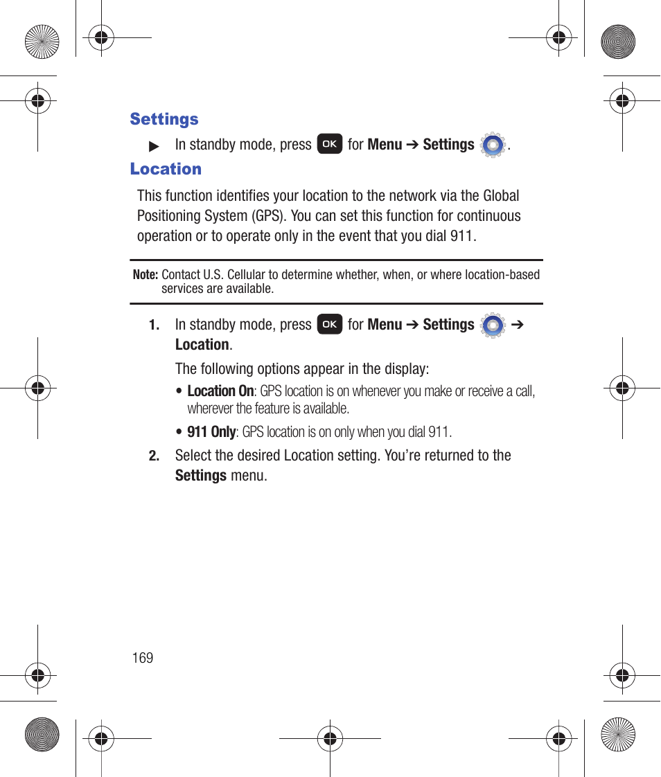 Settings, Location, Settings location | Samsung SCH-R260DAAUSC User Manual | Page 174 / 271