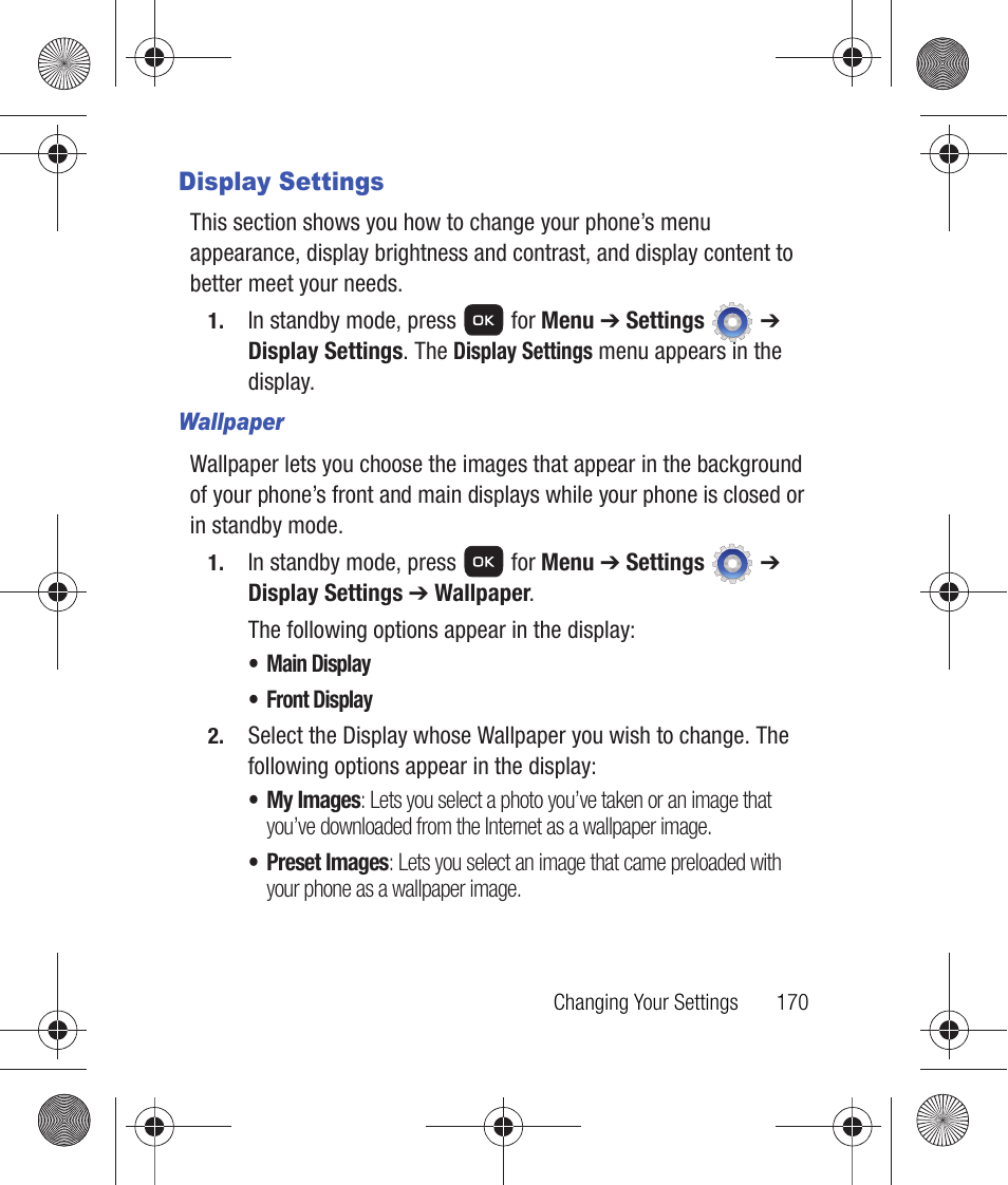 Display settings, Wallpaper | Samsung SCH-R260DAAUSC User Manual | Page 175 / 271