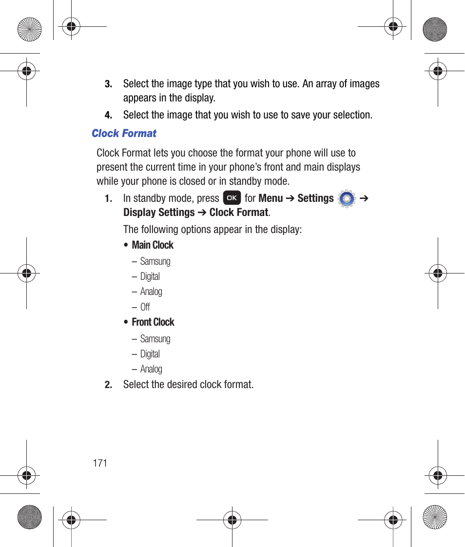 Clock format | Samsung SCH-R260DAAUSC User Manual | Page 176 / 271