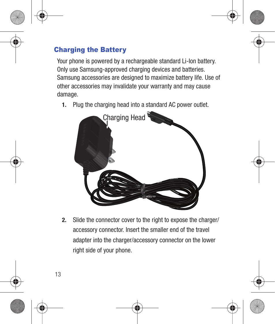 Charging the battery, Charging head | Samsung SCH-R260DAAUSC User Manual | Page 18 / 271