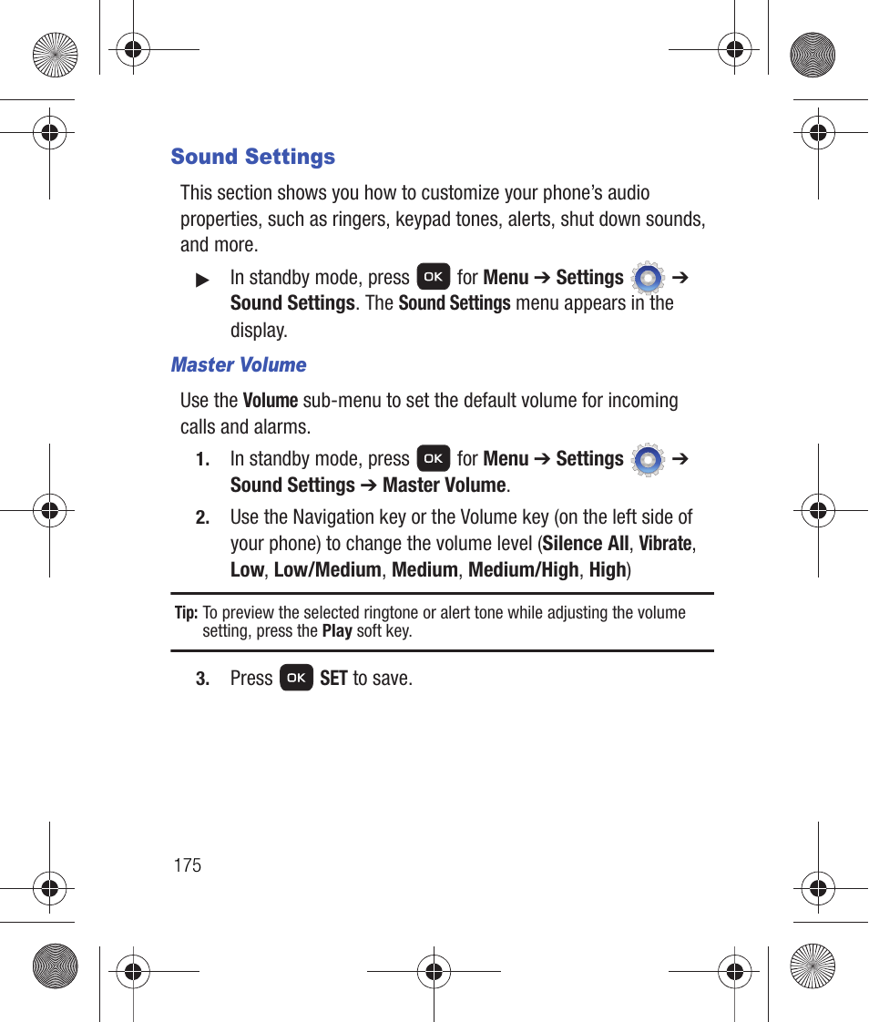 Sound settings, Master volume | Samsung SCH-R260DAAUSC User Manual | Page 180 / 271