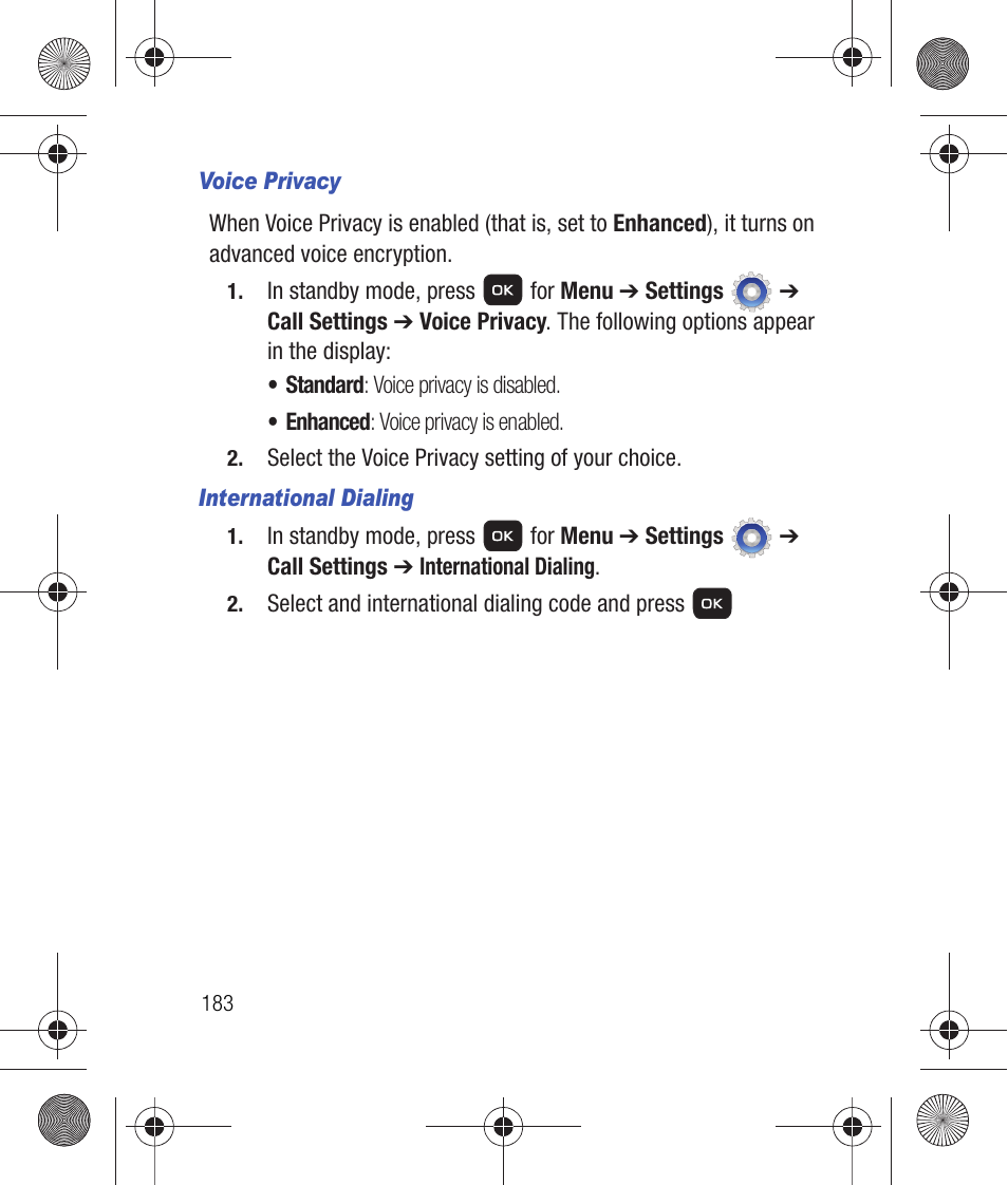 Voice privacy, International dialing | Samsung SCH-R260DAAUSC User Manual | Page 188 / 271