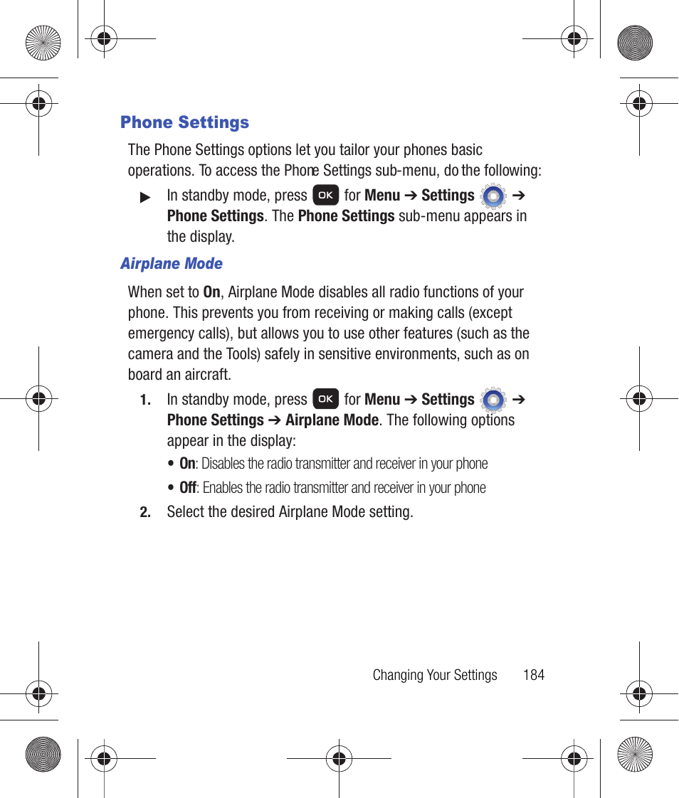 Phone settings, Airplane mode | Samsung SCH-R260DAAUSC User Manual | Page 189 / 271