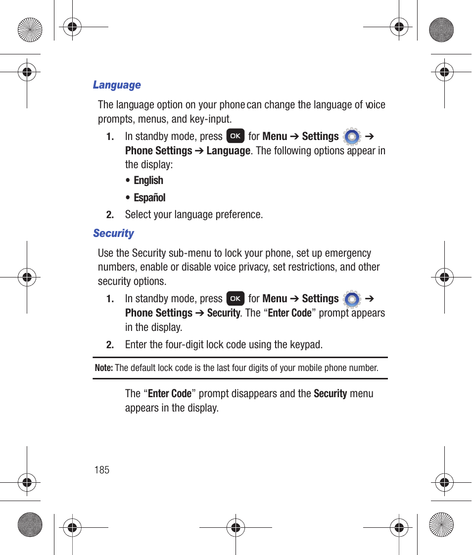 Language, Security | Samsung SCH-R260DAAUSC User Manual | Page 190 / 271