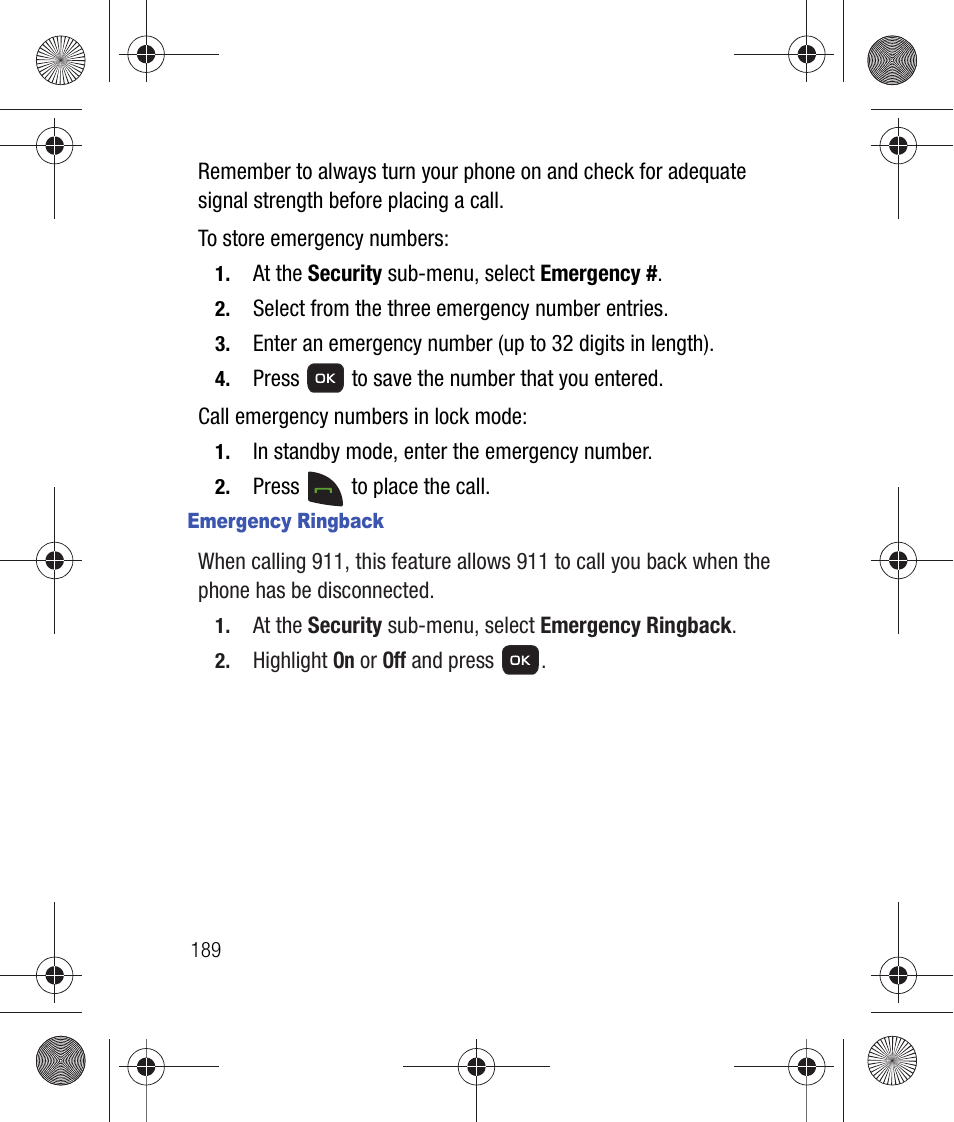 Emergency ringback | Samsung SCH-R260DAAUSC User Manual | Page 194 / 271