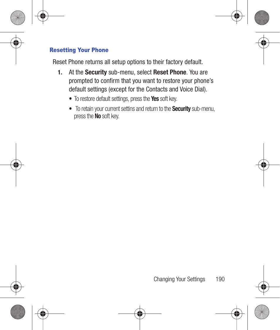 Resetting your phone | Samsung SCH-R260DAAUSC User Manual | Page 195 / 271