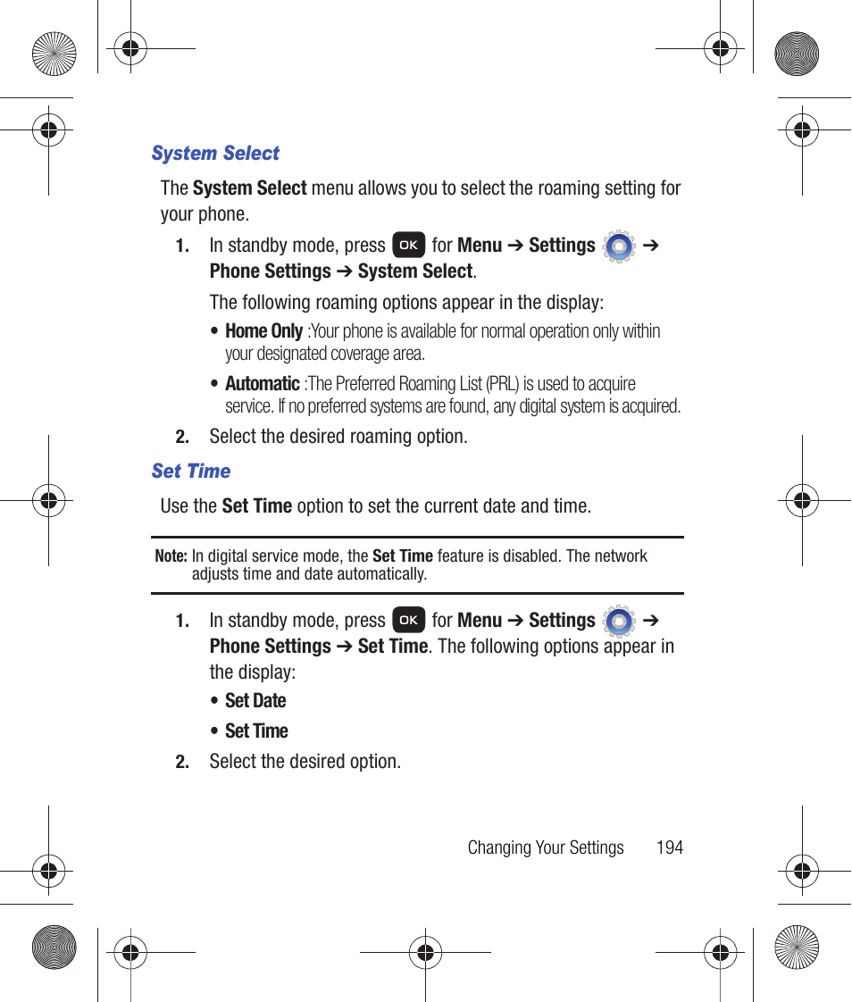 System select, Set time | Samsung SCH-R260DAAUSC User Manual | Page 199 / 271