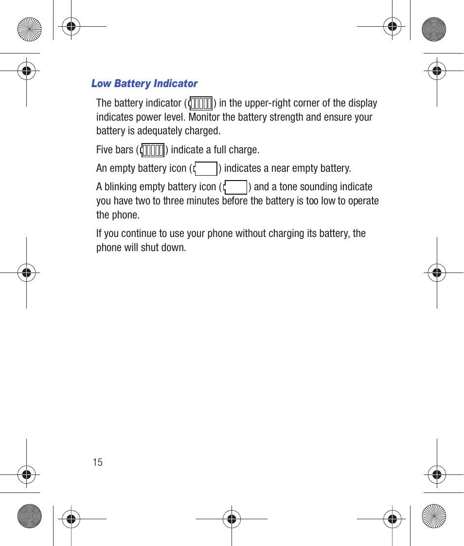 Low battery indicator | Samsung SCH-R260DAAUSC User Manual | Page 20 / 271