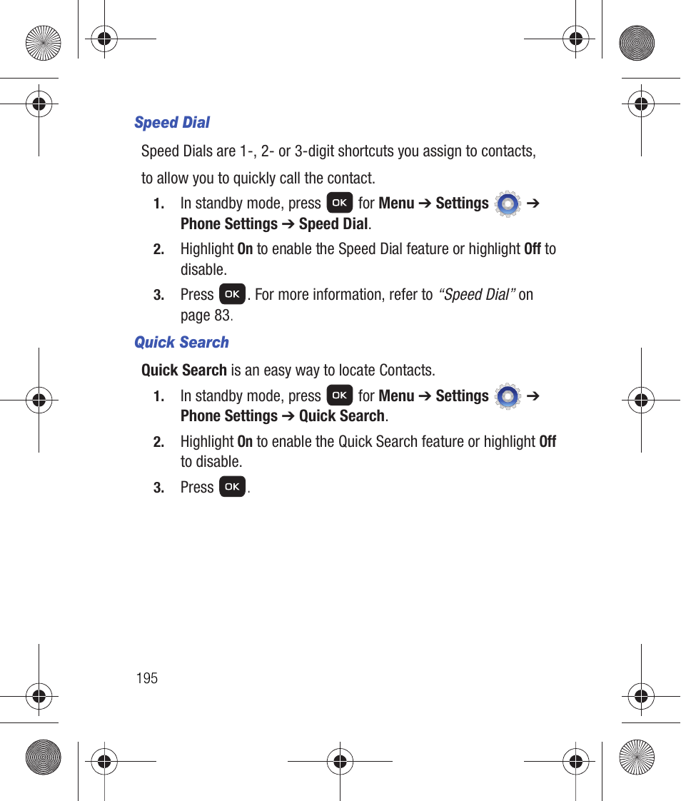 Speed dial, Quick search | Samsung SCH-R260DAAUSC User Manual | Page 200 / 271