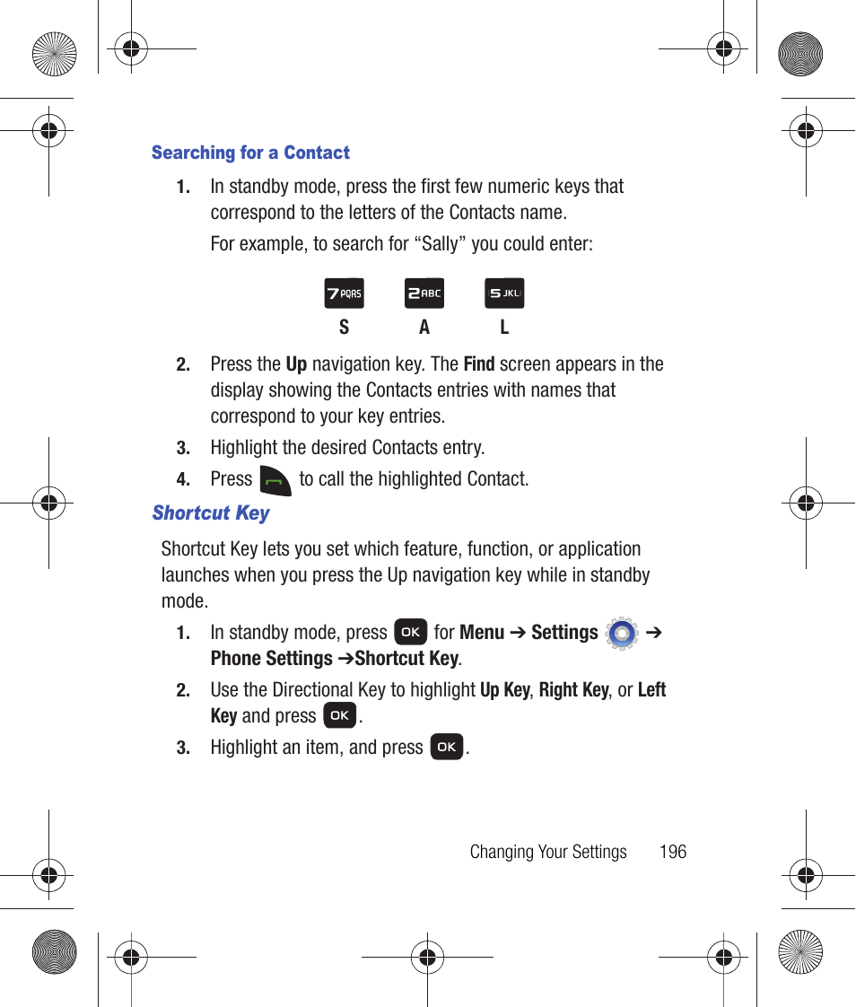 Searching for a contact, Shortcut key | Samsung SCH-R260DAAUSC User Manual | Page 201 / 271