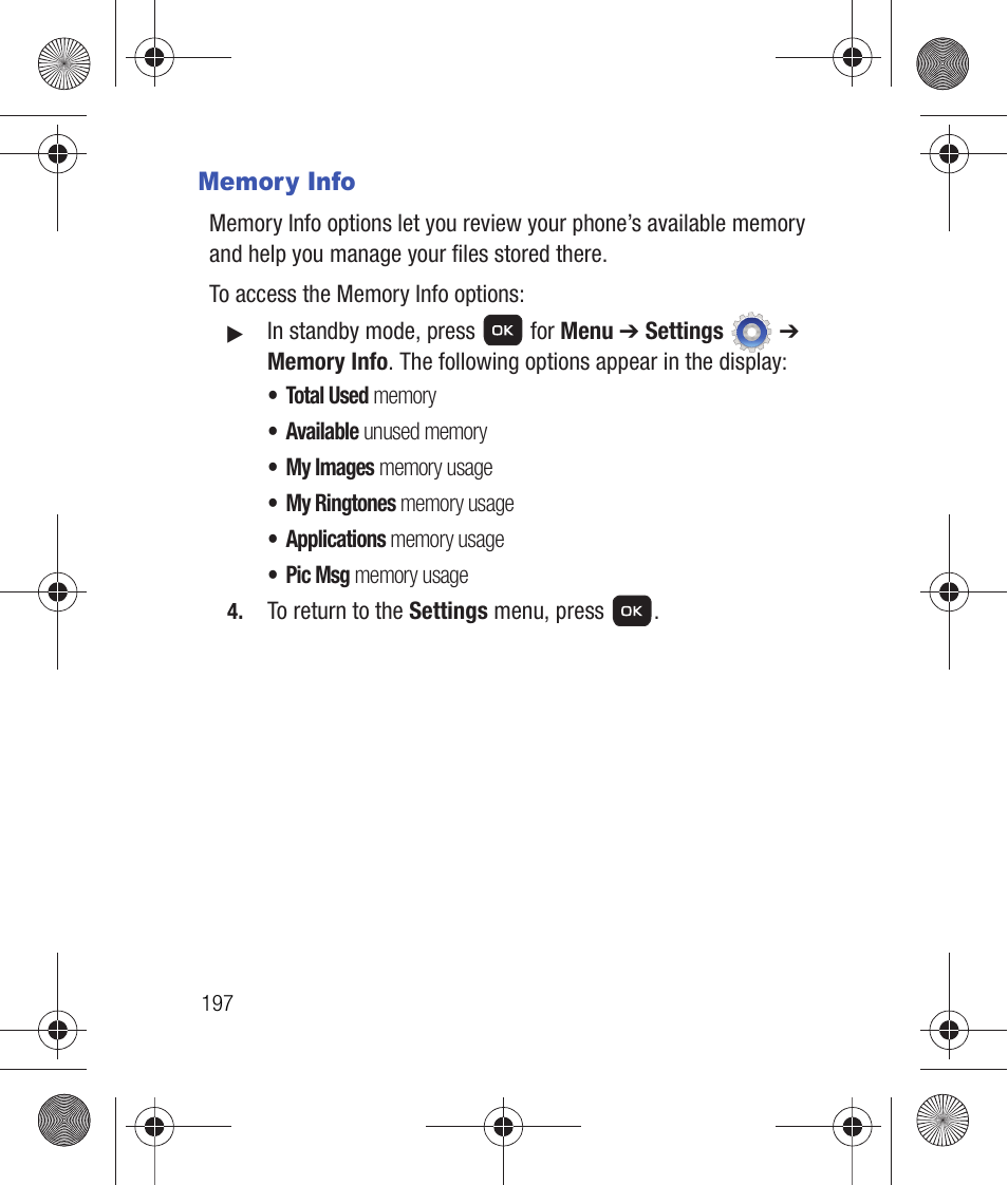 Memory info | Samsung SCH-R260DAAUSC User Manual | Page 202 / 271