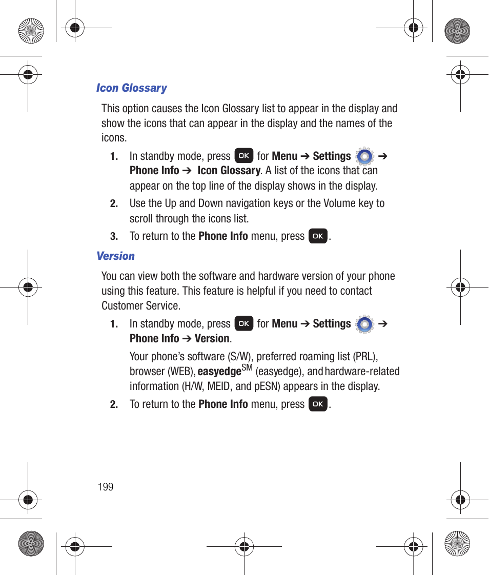 Icon glossary, Version | Samsung SCH-R260DAAUSC User Manual | Page 204 / 271