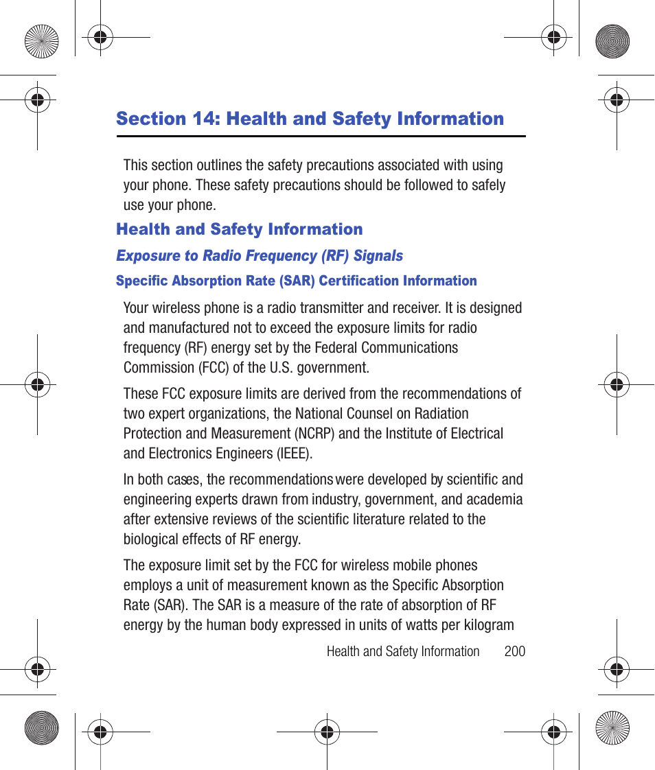 Section 14: health and safety information, Health and safety information, Exposure to radio frequency (rf) signals | Section 13: health and safety information | Samsung SCH-R260DAAUSC User Manual | Page 205 / 271