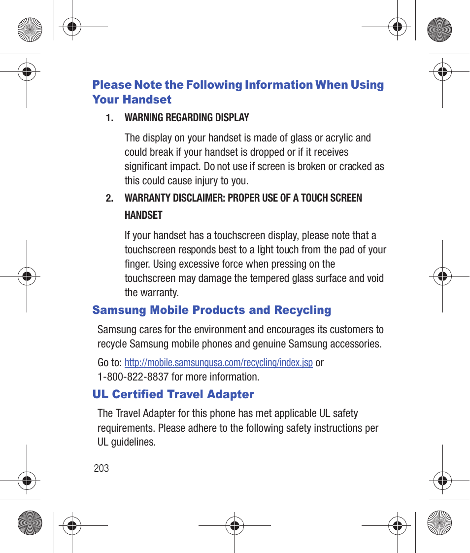 Samsung mobile products and recycling, Ul certified travel adapter, Please note the following information when using | Your handset | Samsung SCH-R260DAAUSC User Manual | Page 208 / 271