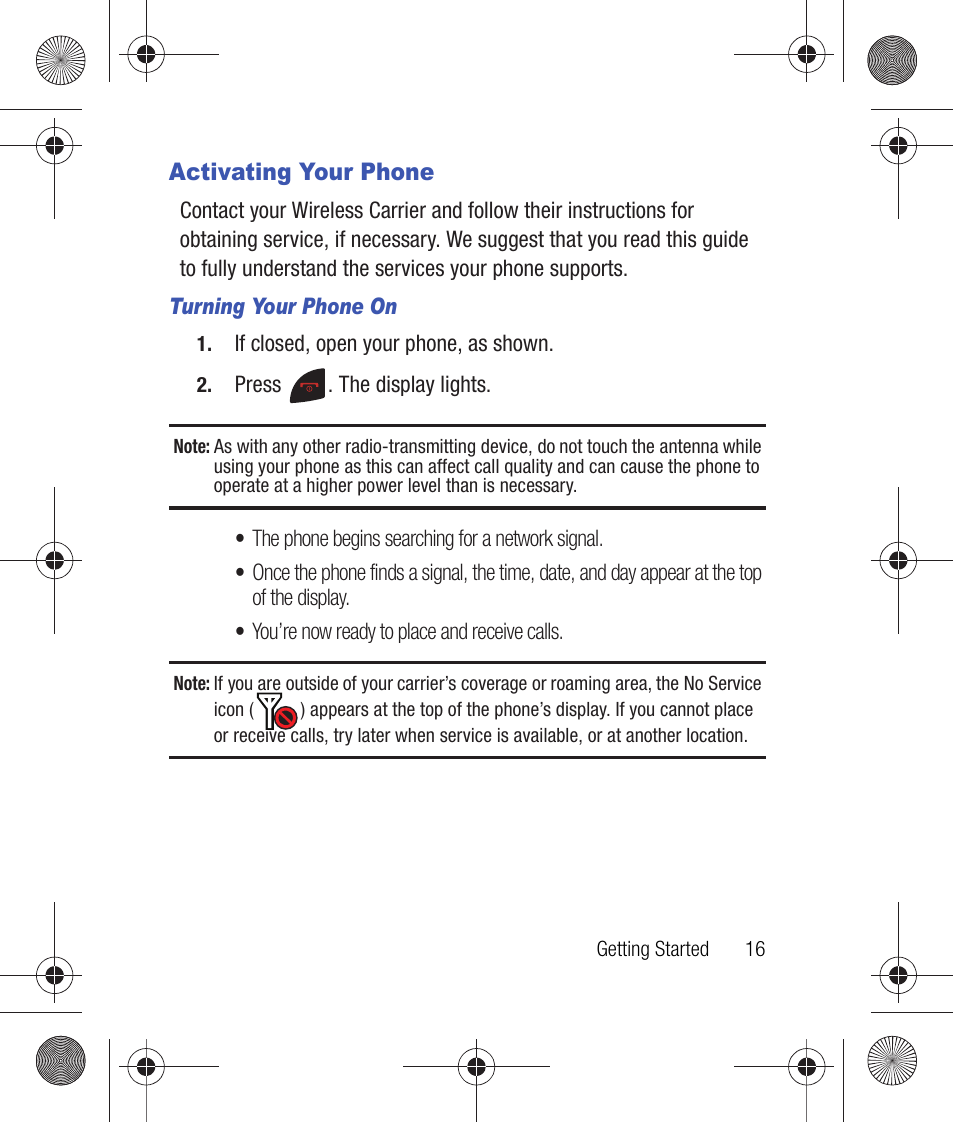 Activating your phone, Turning your phone on | Samsung SCH-R260DAAUSC User Manual | Page 21 / 271